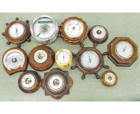 Small oak barometer with thermometer, the 5" white dial signed Rowell, Oxford; also eleven other various small wall barometer