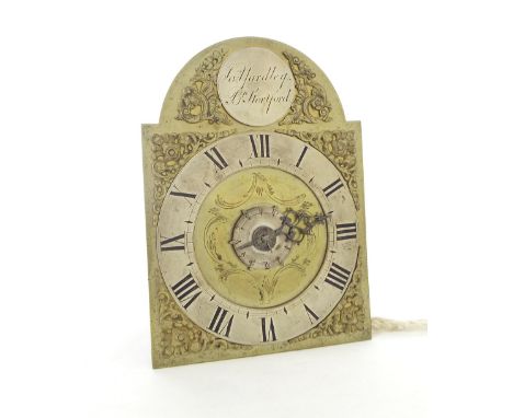 Good small brass hook and spike lantern wall clock, the 5" brass arched dial signed Jas Yardley, Bishop Stortford on a silver