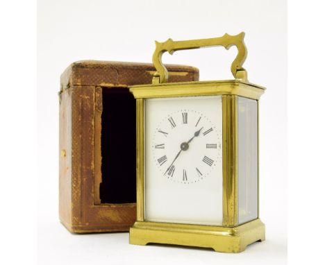 Carriage clock timepiece within a corniche brass case, 6" high; also with Morocco leather travelling case (key)