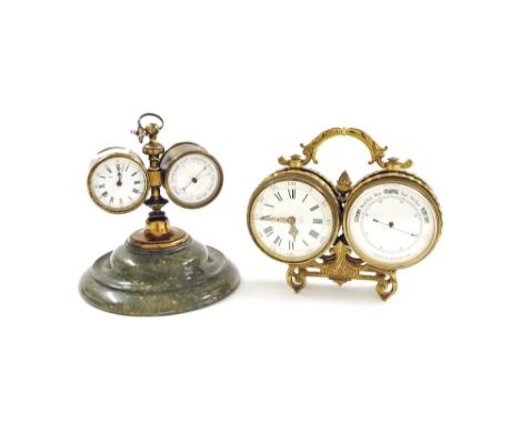 Brass and green marble compendium clock/barometer, upon a circular stepped base, 8" high; also another brass cased compendium
