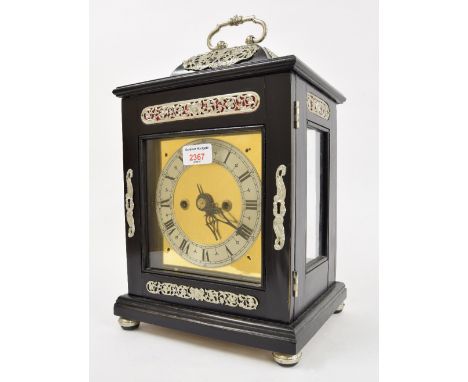 Ebonised double fusee bracket clock, the 6.5" square brass dial with silvered chapter ring, within a later stepped case surmo