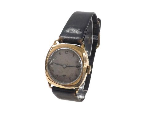 9ct cushion cased mid-size wristwatch, Birmingham 1932, silvered dial with Arabic numerals and subsidiary seconds dial, Swiss