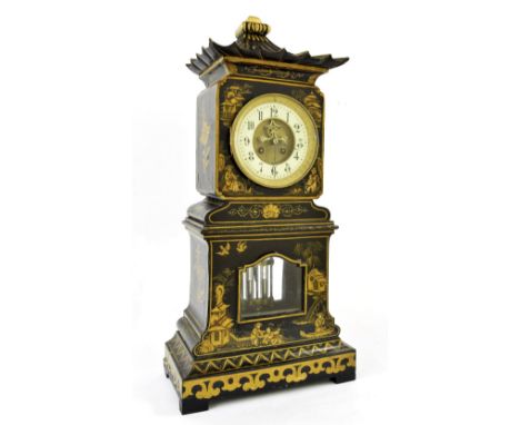 Attractive French chinoiserie decorated dark green lacquer two train mantel clock, the Vincenti movement with outside countwh