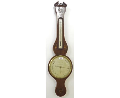 Mahogany inlaid banjo barometer/thermometer, the 8" silvered dial signed J.Verga & Company, Macclesfield, within a shaped cas