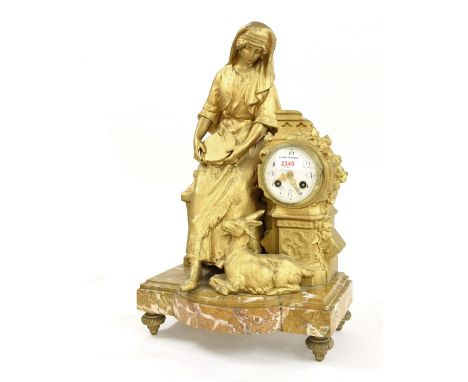 French gilt metal two train figural mantel clock striking on a bell (missing), the 3.5" white dial inset into a Classical ped