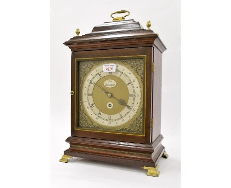 Contemporary single fusee bracket clock, the 8" square brass dial signed Kite, Wokingham to the centre enclosed by a silvered