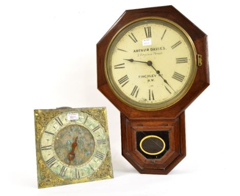 Thirty hour longcase clock movement, with 10" square brass dial and birdcage movement (pendulum); also a 12" drop dial wall c