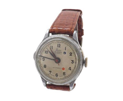 Vintage Basis Alarm stainless steel gentleman's wristwatch, ref. 5555, no. 131790, circular silvered dial with Arabic numeral