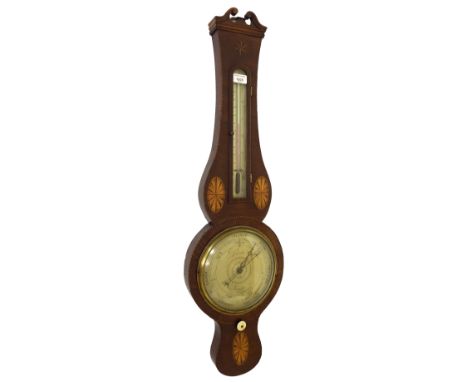 Good early mahogany inlaid banjo barometer/thermometer signed Luiselli, London on the 8" silvered dial, within a shaped chevr