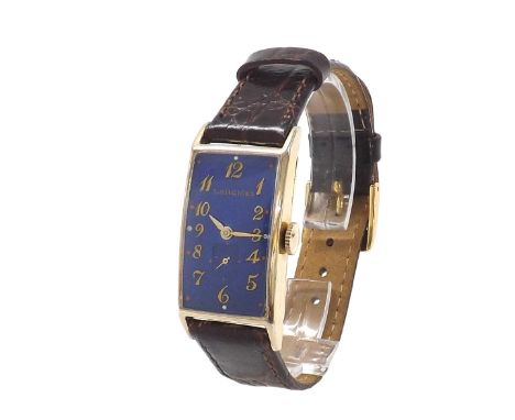 Longines 1940s 10k gold filled rectangular curved wristwatch, blue dial with applied Arabic numerals and subsidiary seconds d