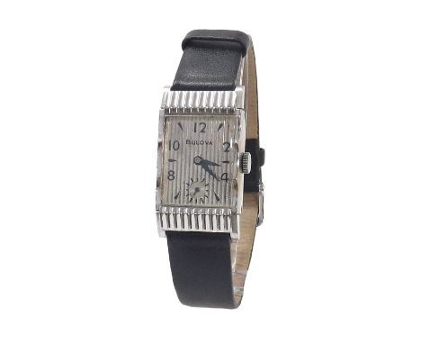 Bulova 10k gold filled mid-size wristwatch, rectangular silvered stripe dial with Arabic numerals and baton markers, subsidia