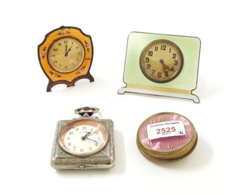 Three small attractive guilloche enamel clock timepieces; also a watch within a white metal case decorated verso with a rowin
