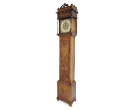 Oak and burr walnut eight day longcase clock, the 11" square brass dial signed John Elliott, Plymouth on the silvered chapter