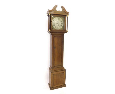 Oak and mahogany crossbanded eight day longcase clock, the 13" square brass dial signed Brown, Chester to the silvered chapte