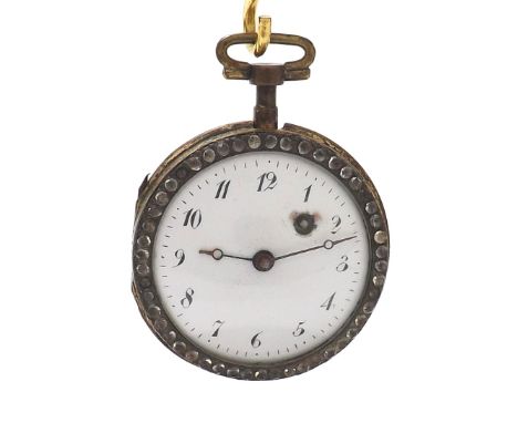 Berthoud á Paris gilt metal and enamel verge pocket watch, fusee movement with a silvered regulating disc and pierced balance