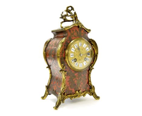 French boulle two train balloon mantel clock striking on a gong, the 3.5" gilt metal dial with Roman cartouche enamel numeral