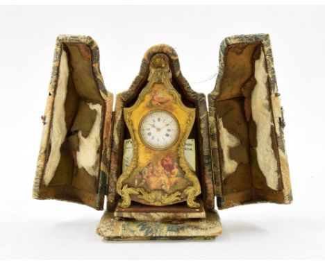 Rare Drocourt miniature Vernis Martin mantel clock timepiece, in a balloon shaped case with gilt metal mounts, 5" high; also 