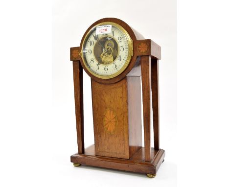 Eureka mahogany inlaid portico electric mantel clock, signed Eureka, Lock Co. Ltd, London, Pat. no. 146 4-1906, no. 3258, wit