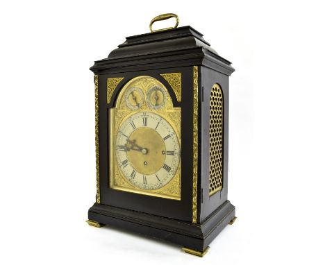 English ebonised triple fusee musical bracket clock, the 8" gilt brass arched dial with silver chapter ring signed Barrie, Ed