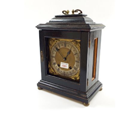 Antique ebonised bracket clock case, with old dial inscribed Examined by J. Schuler, 115 City Road, London on the silver chap