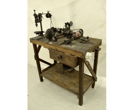 Interesting old electric work bench, comprising electrically-driven polishing, grinding and drilling machines, mounted on a p