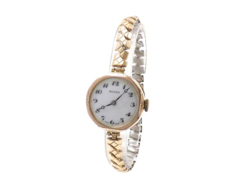 Rolex 9ct lady's bracelet watch, import hallmarks 1928, circular white dial with Arabic numerals, outer dot minute markers an