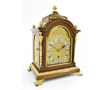 Good small English walnut single fusee bracket clock, the 5" brass arched dial with silver chapter ring enclosing a matted ce