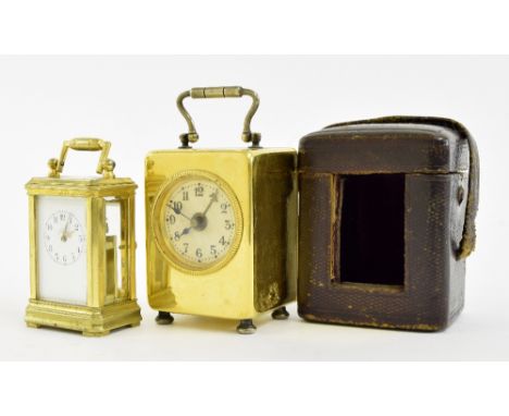 Miniature carriage clock timepiece within a gorge style brass case, 3" high, with travelling Morocco leather case; also a Ger