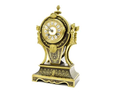 French boulle two train drumhead mantel clock striking on a bell, the 3" gilt chapter ring with Roman cartouche enamel numera