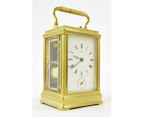 Good French Drocourt repeater alarm carriage clock striking on a gong, the back plate stamped with the maker's trademark logo