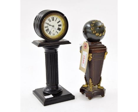 Miniature globe mantel clock timepiece, supported upon a Classical pedestal, 7.5" high; also an ebonised pillar timepiece wit