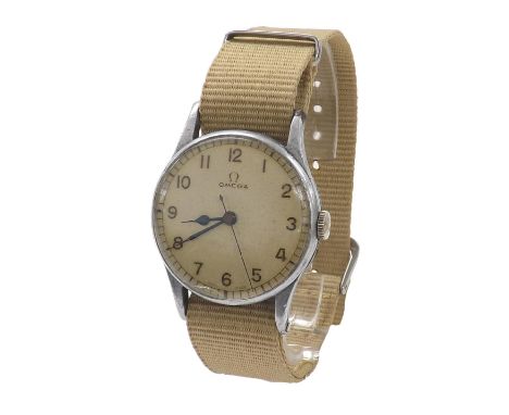 Omega WWII British Military issue stainless steel gentleman's wristwatch, ref. 2292, the cream dial with Arabic numerals and 
