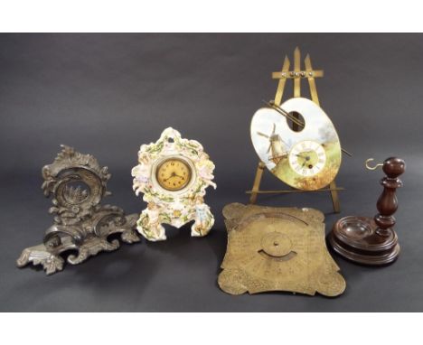 Novelty mantel clock timepiece modelled as an artist's easel, 12.5" high; also a small pottery mantel timepiece, interesting 