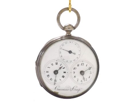 Courvoisier & Compe dual dial white metal pocket watch, signed ornate engraved gilded movement, no. 40093, hinged gilt cuvett