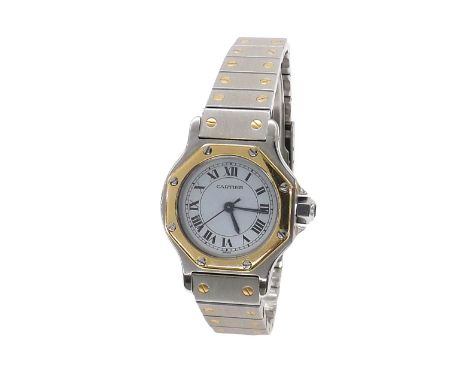 Cartier Santos Octagon automatic stainless steel and gold lady's bracelet watch, circular white dial with Roman numerals, out