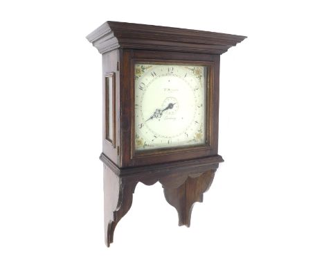 Stained wooden single train hooded wall clock, the 10" square painted dial signed T. Wright, Dorking with central alarm dial 