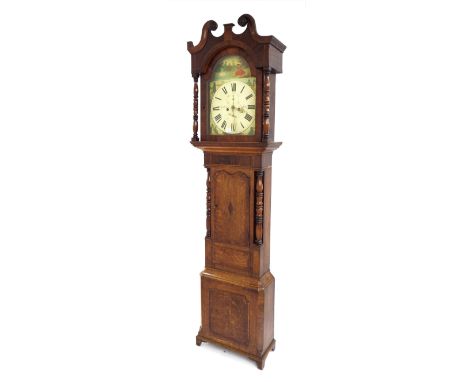 Oak and mahogany eight day longcase clock, the 14" painted arched dial signed Jackson, Strafford, with subsidiary seconds and