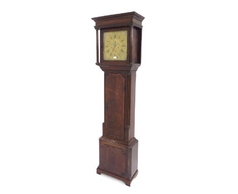 Oak eight day longcase clock, the 13" square brass dial signed John Owen, Llanswst to the foliate engraved centre with subsid