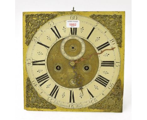 Eight day longcase clock movement, the 12" square brass dial with silver chapter ring signed John Seymour, Wantage, enclosing