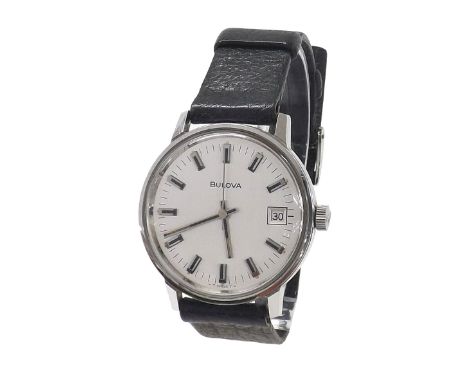 Bulova stainless steel gentleman's wristwatch, circa 1972, ref. 7196, case no. 3-337515, circular silvered dial with baton ma