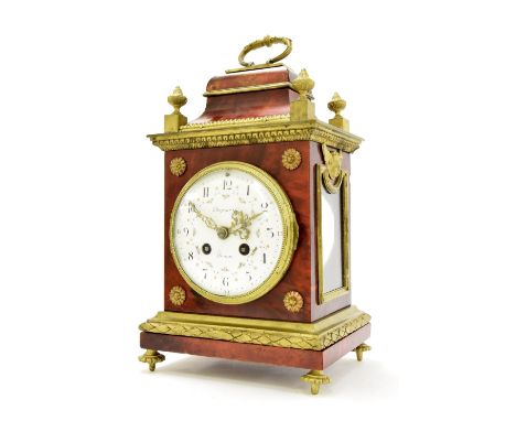 French ormolu and tortoiseshell two train mantel clock striking on a bell, the 4.5" white convex dial signed Despinoy, Douai,