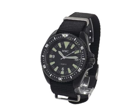 MWC Military Quartz Diver PVD gentleman's wristwatch, ref. 673275, serial no. 0555/6645-06, black dial with Arabic six and ni