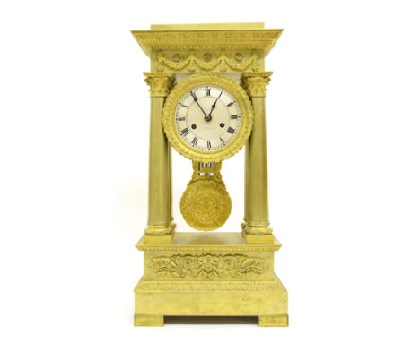 French ormolu two train portico clock, the movement back plate signed J. Charles á Paris, with outside countwheel and strikin