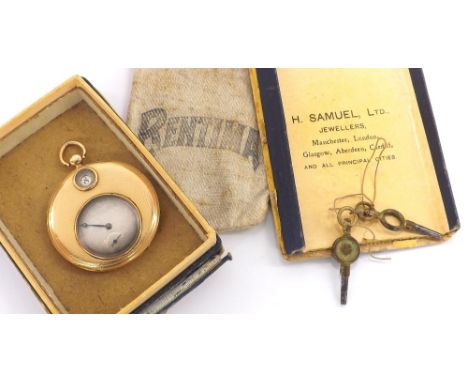 Gold 'Jump Hour' slim dress pocket watch in the style of Breguet, gilt cylinder movement, the silver engine turned dial with 