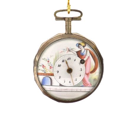 Continental verge white metal pocket watch, unsigned fusee movement with silvered regulating disc and pierced balance bridge,