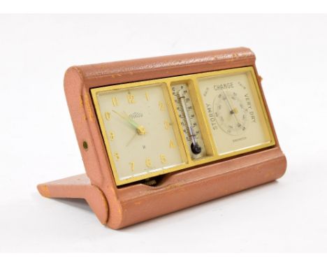 Angelus clock timepiece and barometer, the 2" square silvered dials either side of a thermometer, within a pigskin style fold