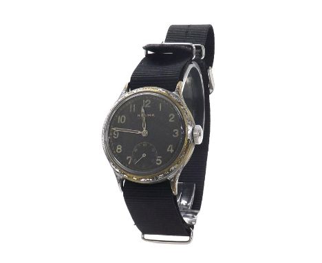 Helma WWII Deutsches Heer (German Army) gentleman's wristwatch, circular black dial with Arabic numerals, outer minute track 