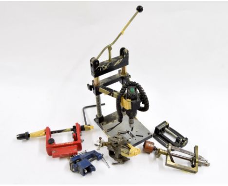 Mini drill with vertical bench stand and holder; also various small clamps and tools (6)