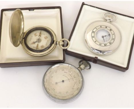 Compensated pocket barometer, pocket hunter compass and a modern Bernex half hunter pocket watch in box (3)