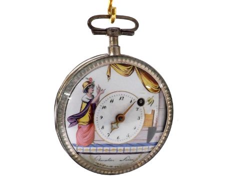 French white metal verge pocket watch signed Chevalier, Louvre, fusee gilt movement with a silvered regulating disc and pierc